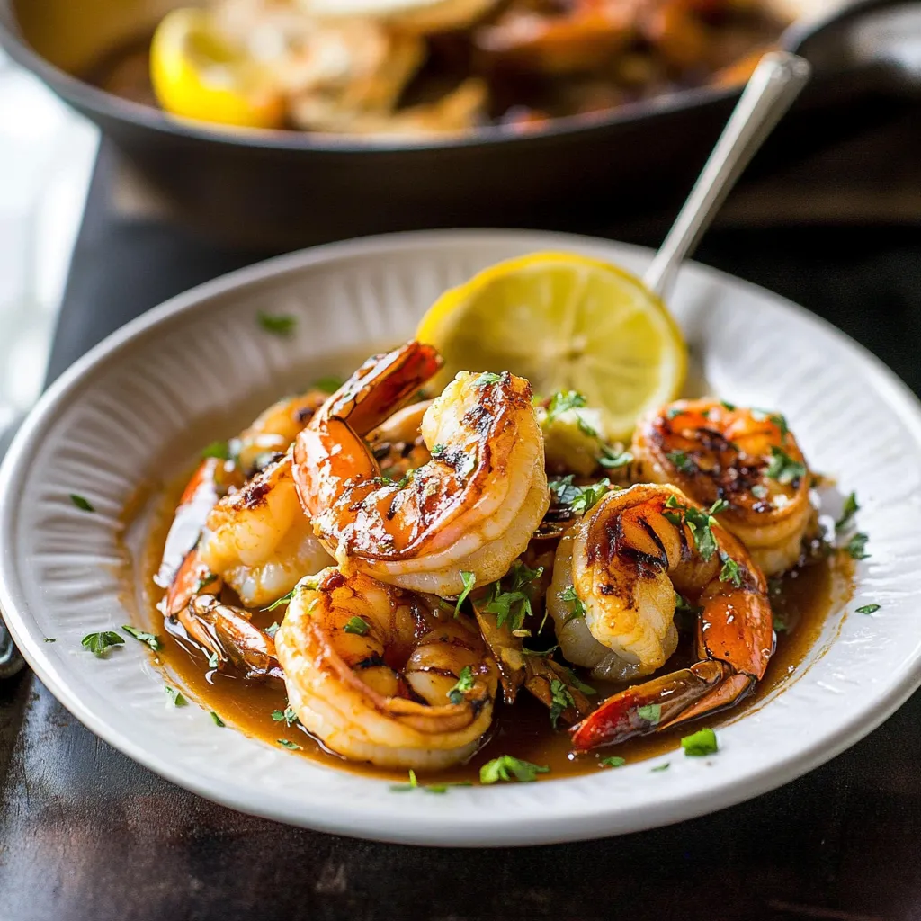 A plate of shrimp with lemon wedges on top.