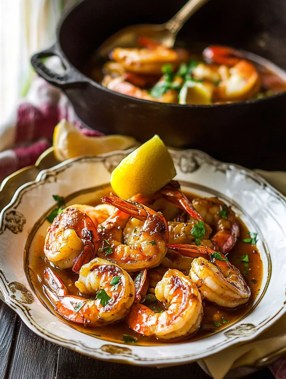 A plate of shrimp with lemon and herbs.