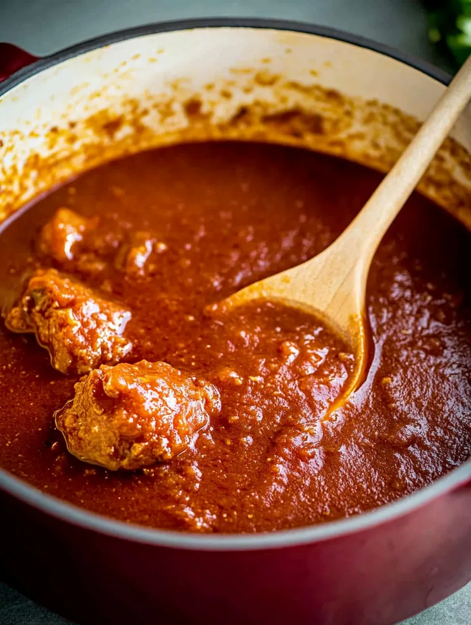 A wooden spoon in a bowl of sauce.