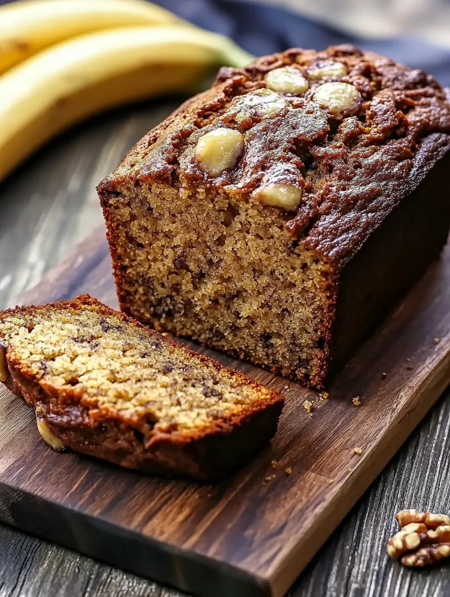 A slice of banana bread on a wooden cutting board.