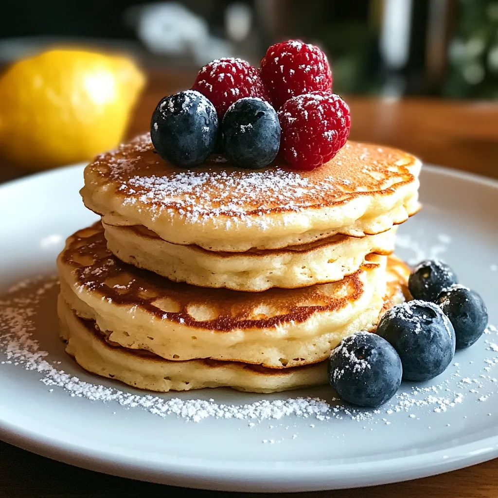A stack of pancakes with blueberries and raspberries on top.