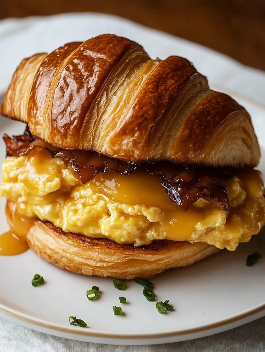 A croissant sandwich with egg and bacon.