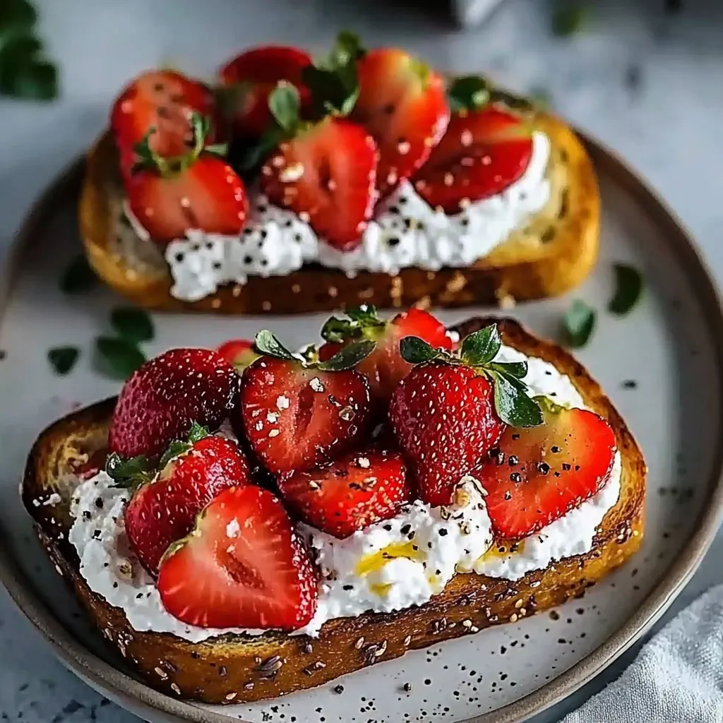 Two slices of bread with strawberries and whipped cream.