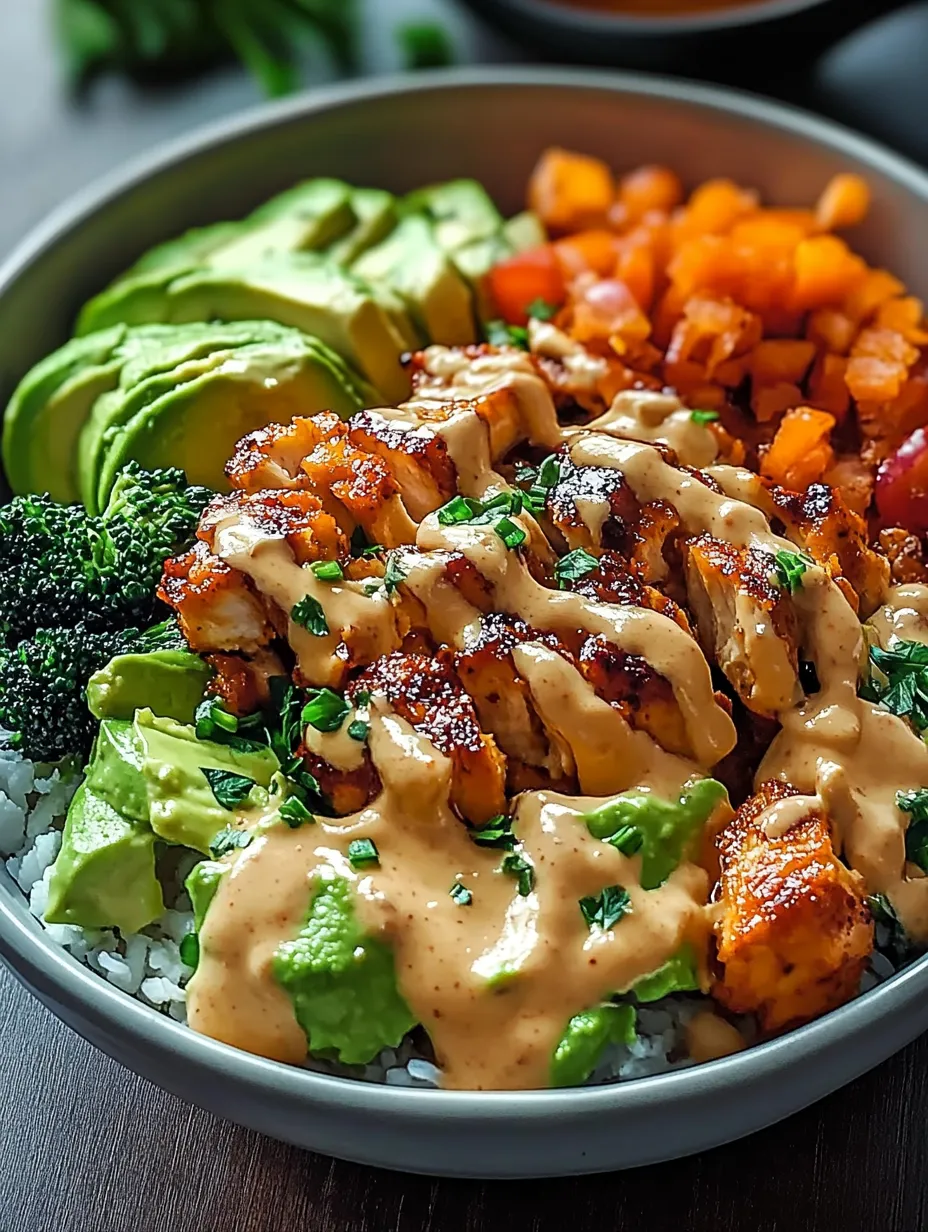 A bowl of food with rice, chicken, broccoli, and avocado.