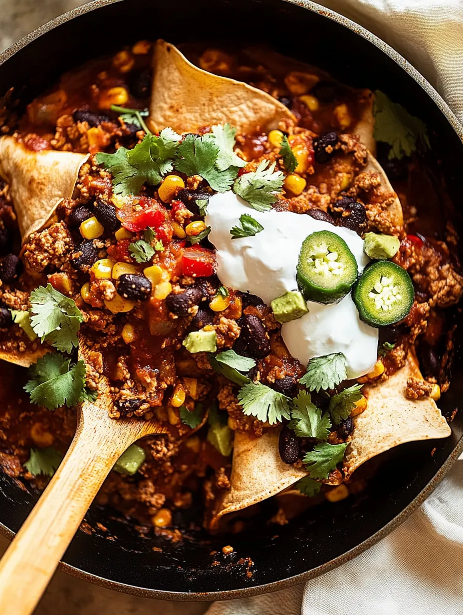 A bowl of chili with a spoon in it.
