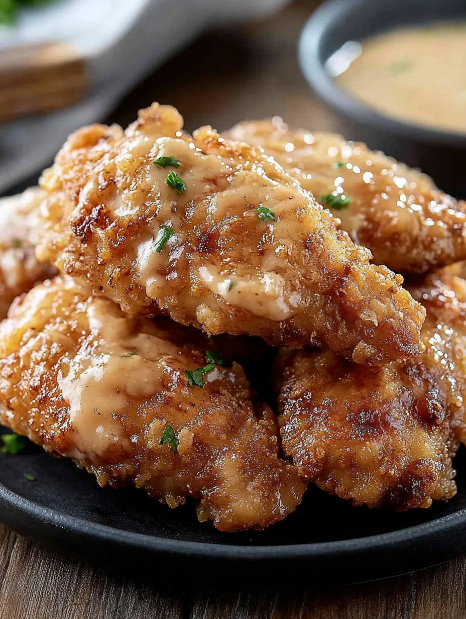 A plate of fried chicken with sauce.