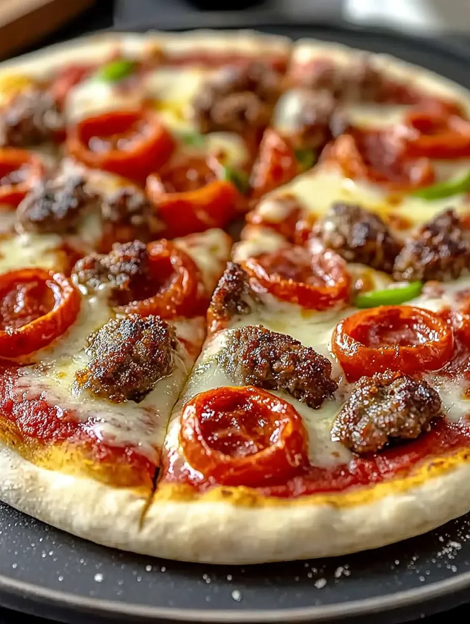 A pizza with tomatoes and sausage on it.