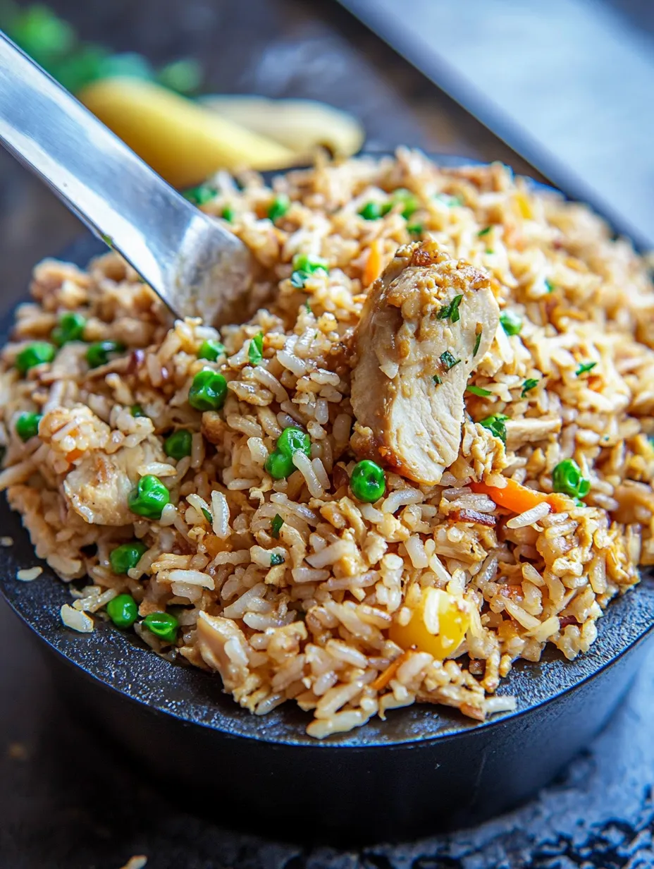 A bowl of rice with chicken and peas.