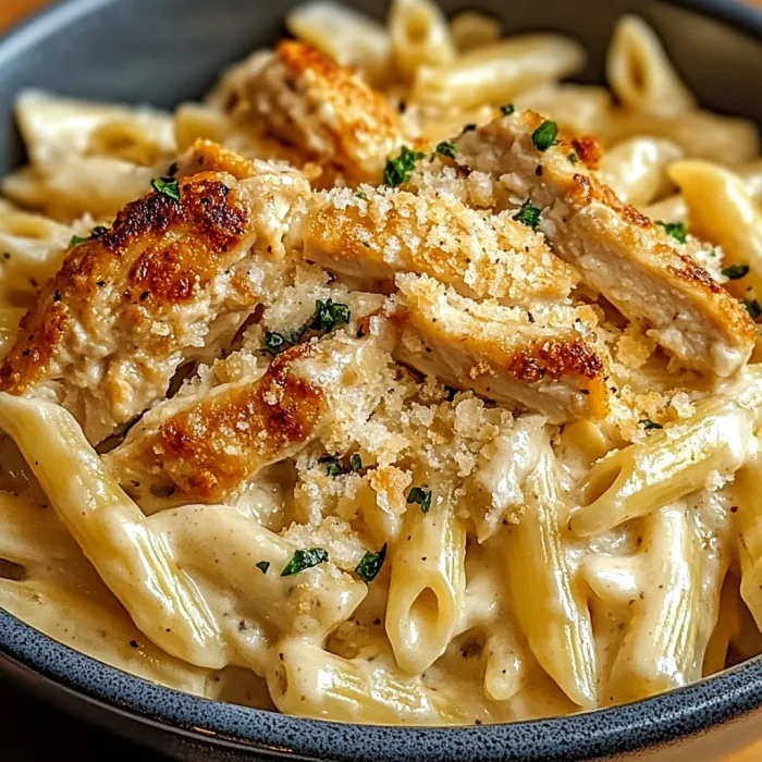 A bowl of pasta with chicken and cheese.