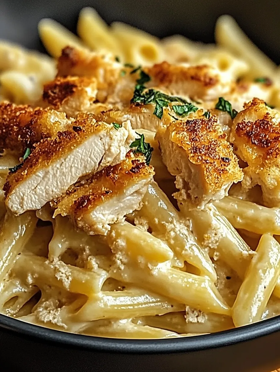 A bowl of pasta with chicken and herbs.