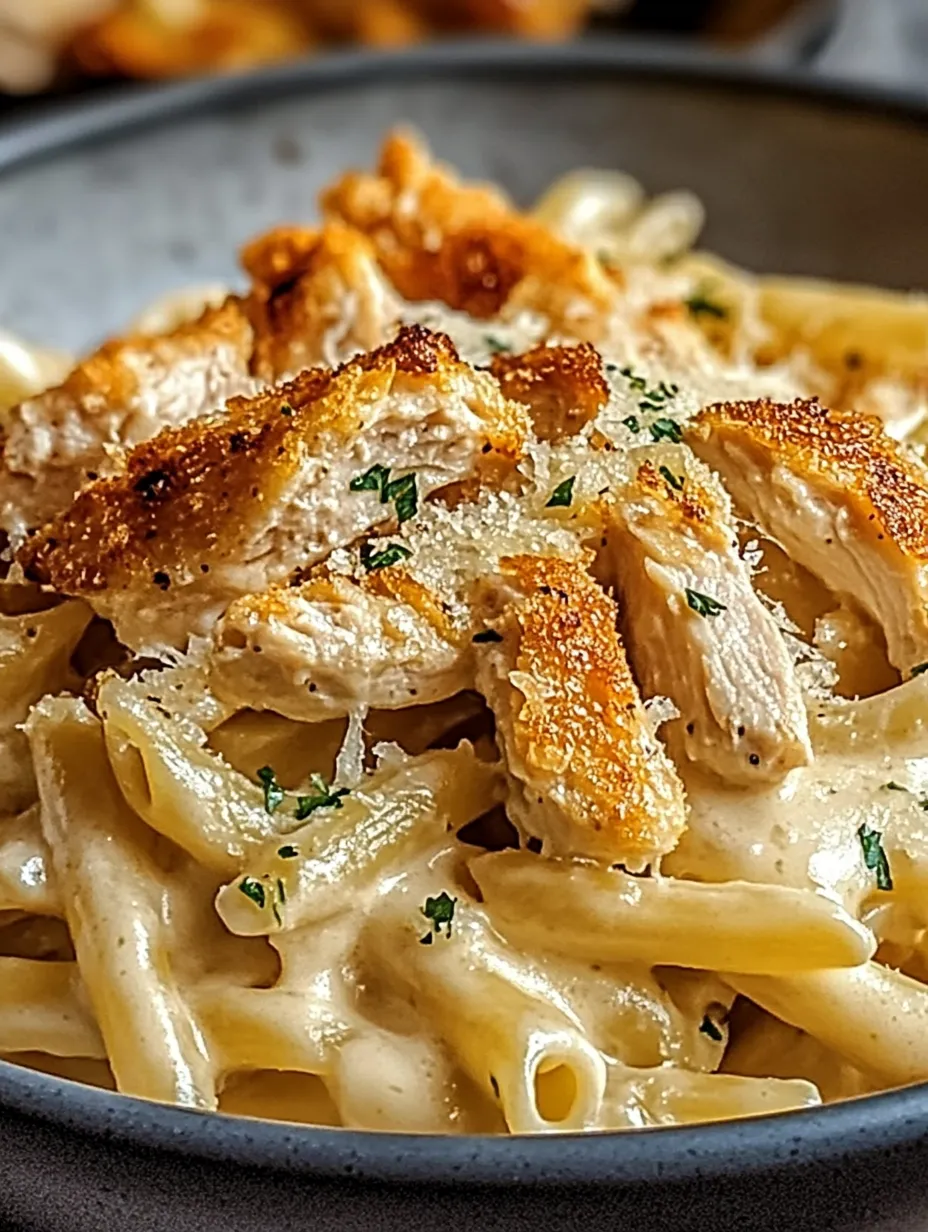 A plate of chicken and pasta.