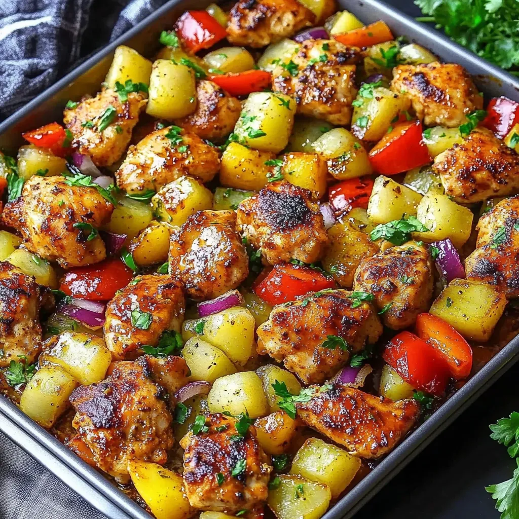 A pan of chicken and vegetables.
