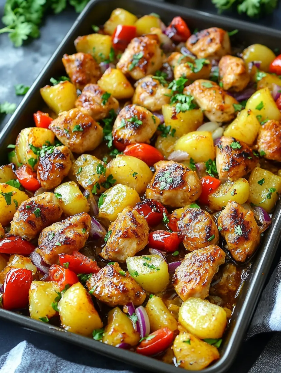 A pan of food with chicken, potatoes, and peppers.