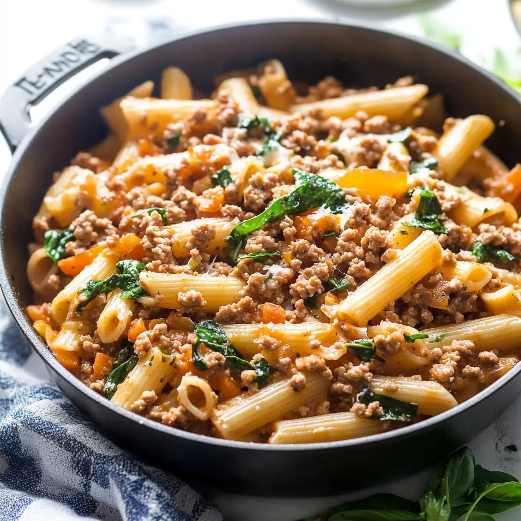 A bowl of pasta with meat and vegetables.