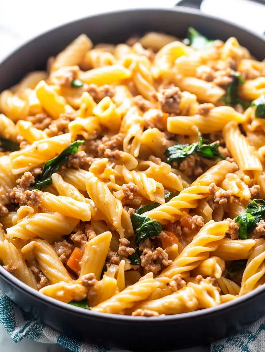 A bowl of pasta with meat and vegetables.