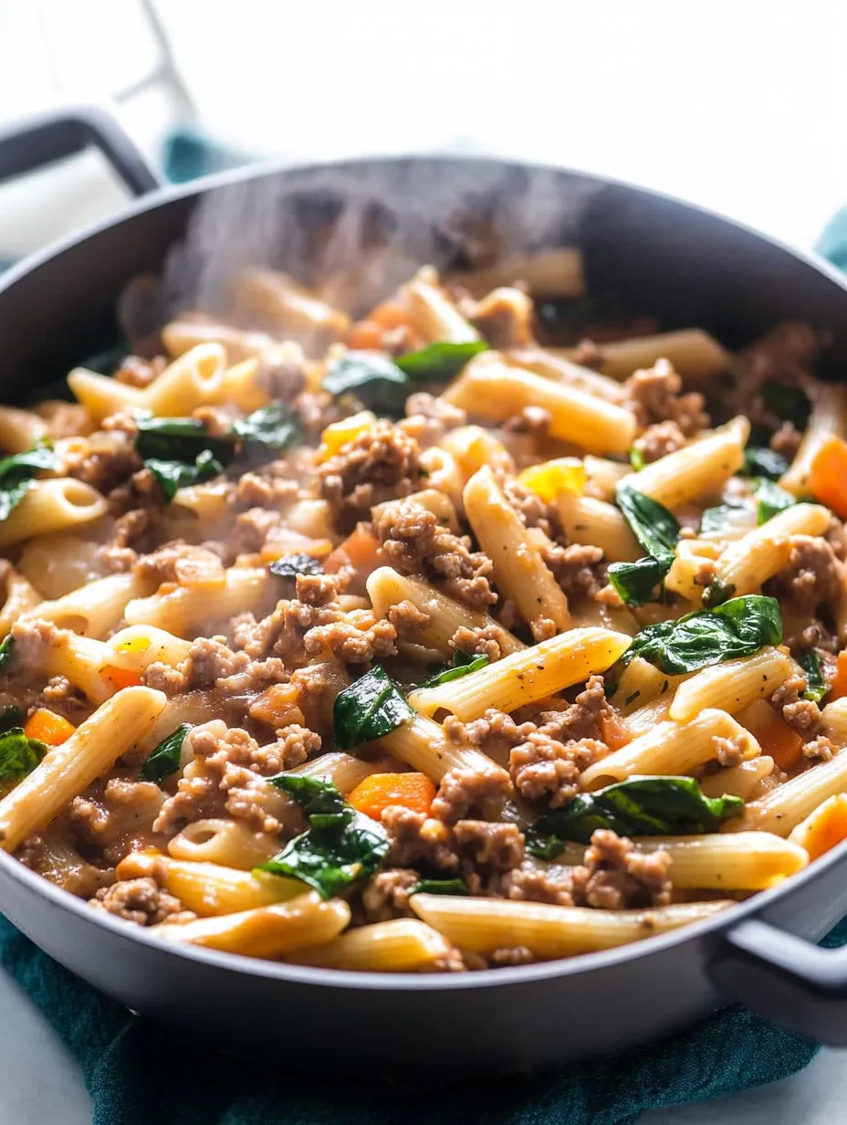 A bowl of pasta with meat and vegetables.