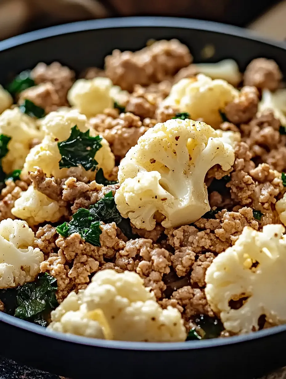 A bowl of food with cauliflower and meat.