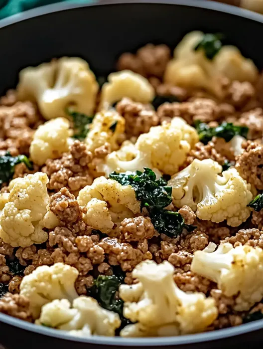 A bowl of food with cauliflower and meat.