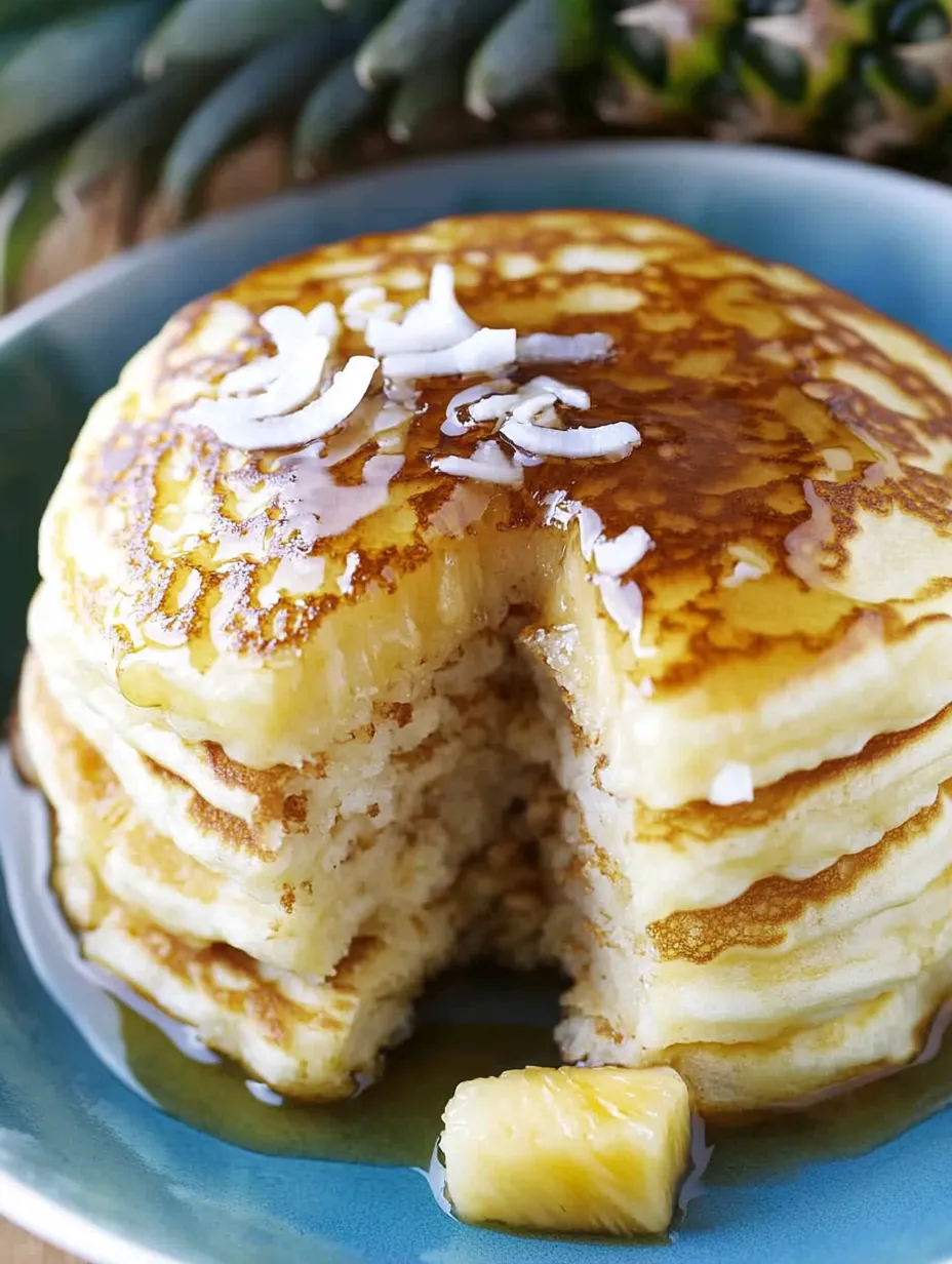 A slice of pineapple is on a plate next to a stack of pancakes.