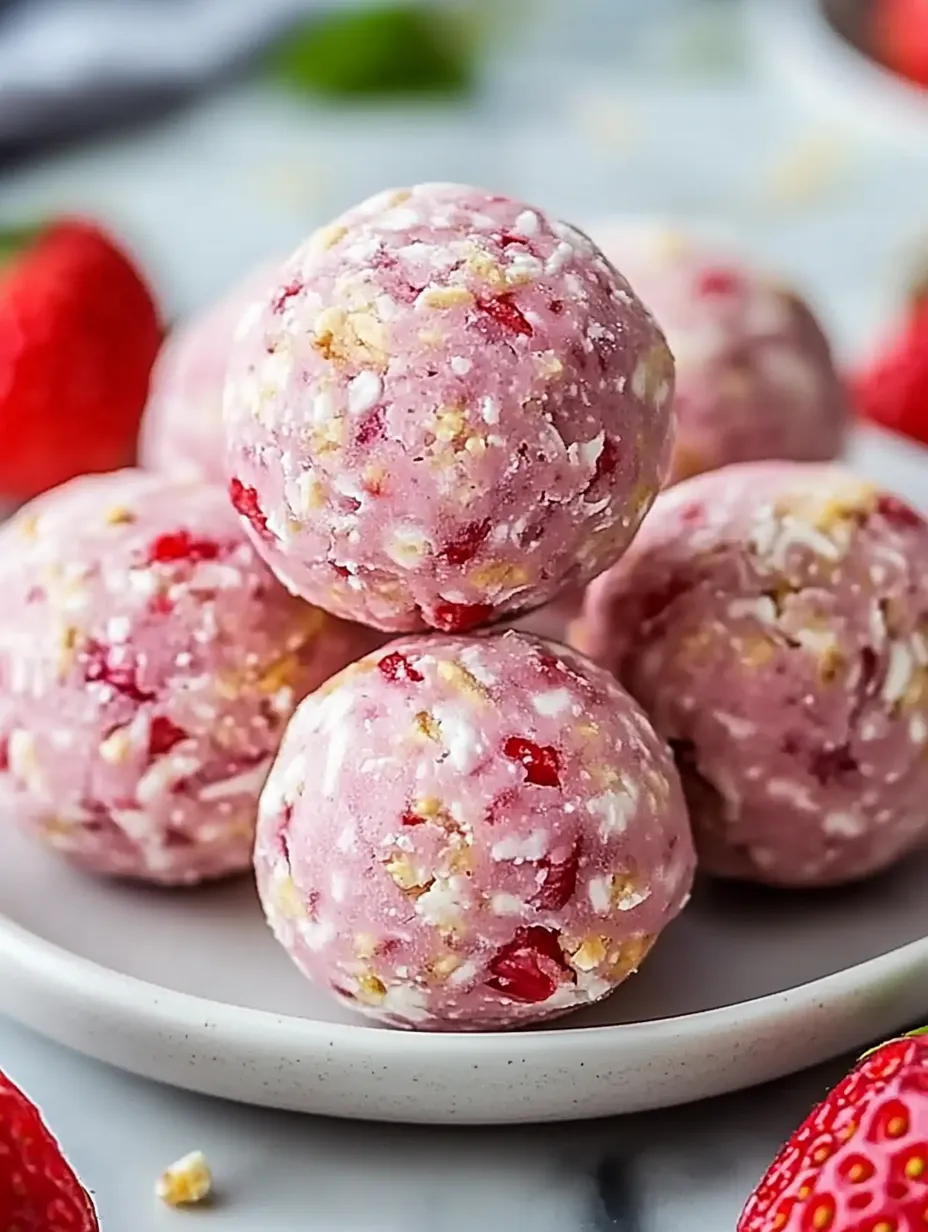 A plate of pink balls with strawberries.