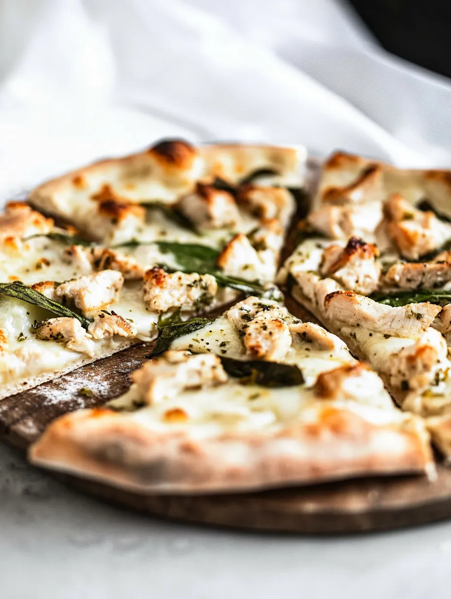A pizza with chicken and green vegetables.