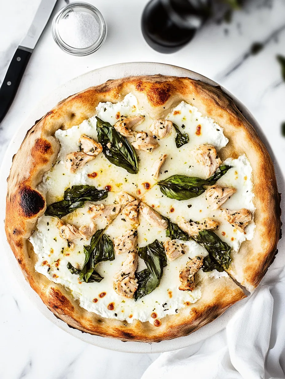 A pizza with chicken and spinach on top.