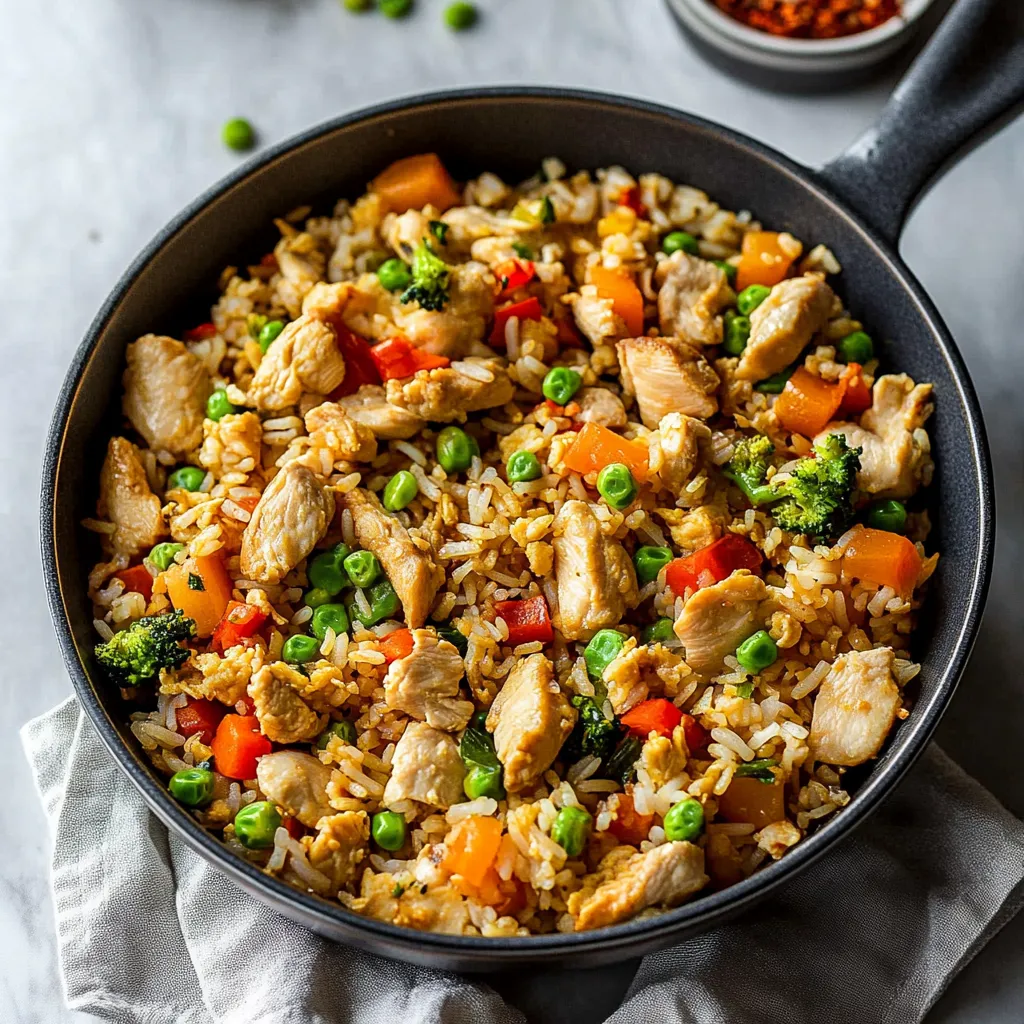 A bowl of rice with chicken and peas.