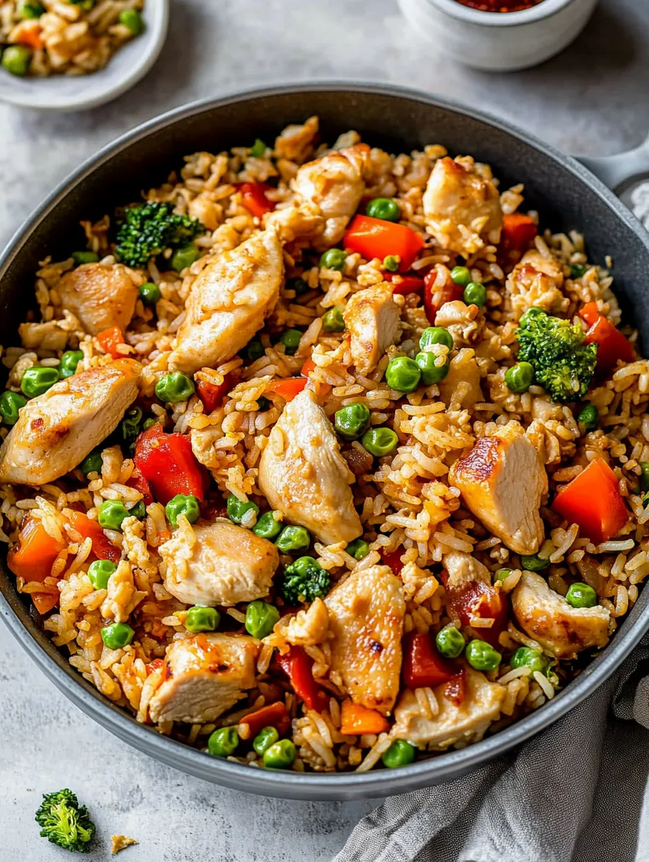 A pan of rice with chicken and peas.