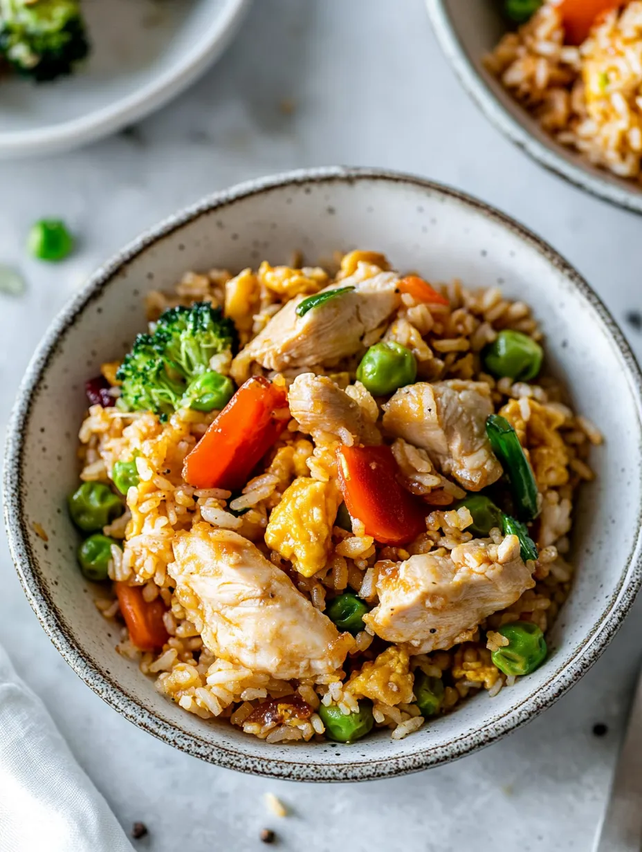 A bowl of rice with chicken and vegetables.