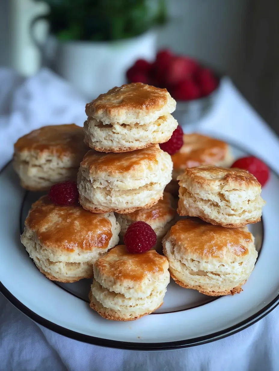 A stack of biscuits with raspberries on top.