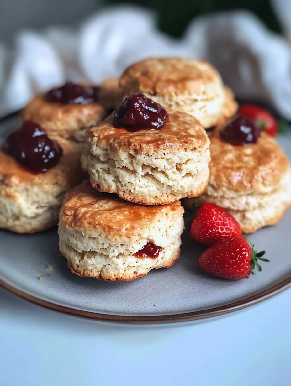 A plate of biscuits with strawberries on top.