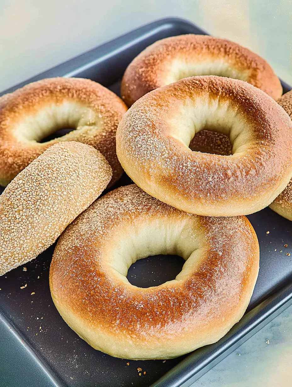 A tray of bagels with sesame seeds.