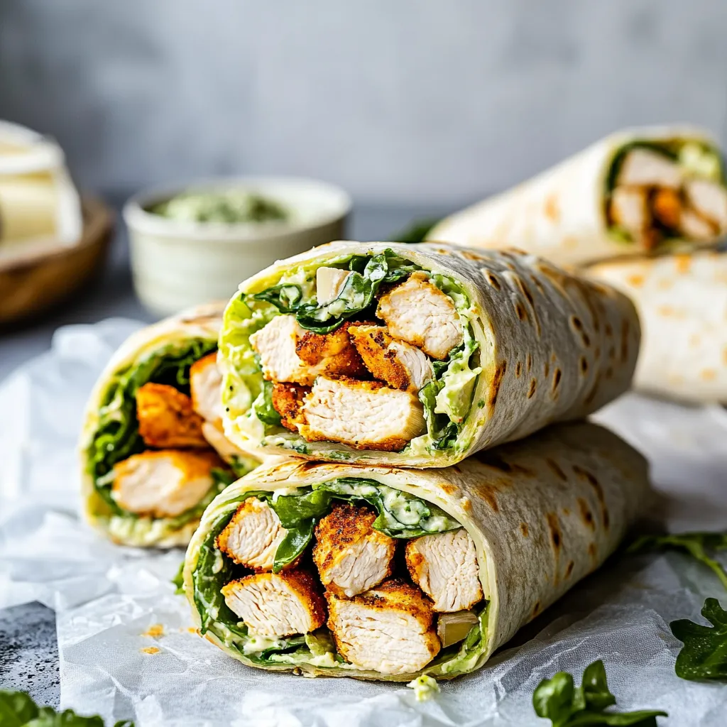 A chicken wrap with lettuce and sauce.