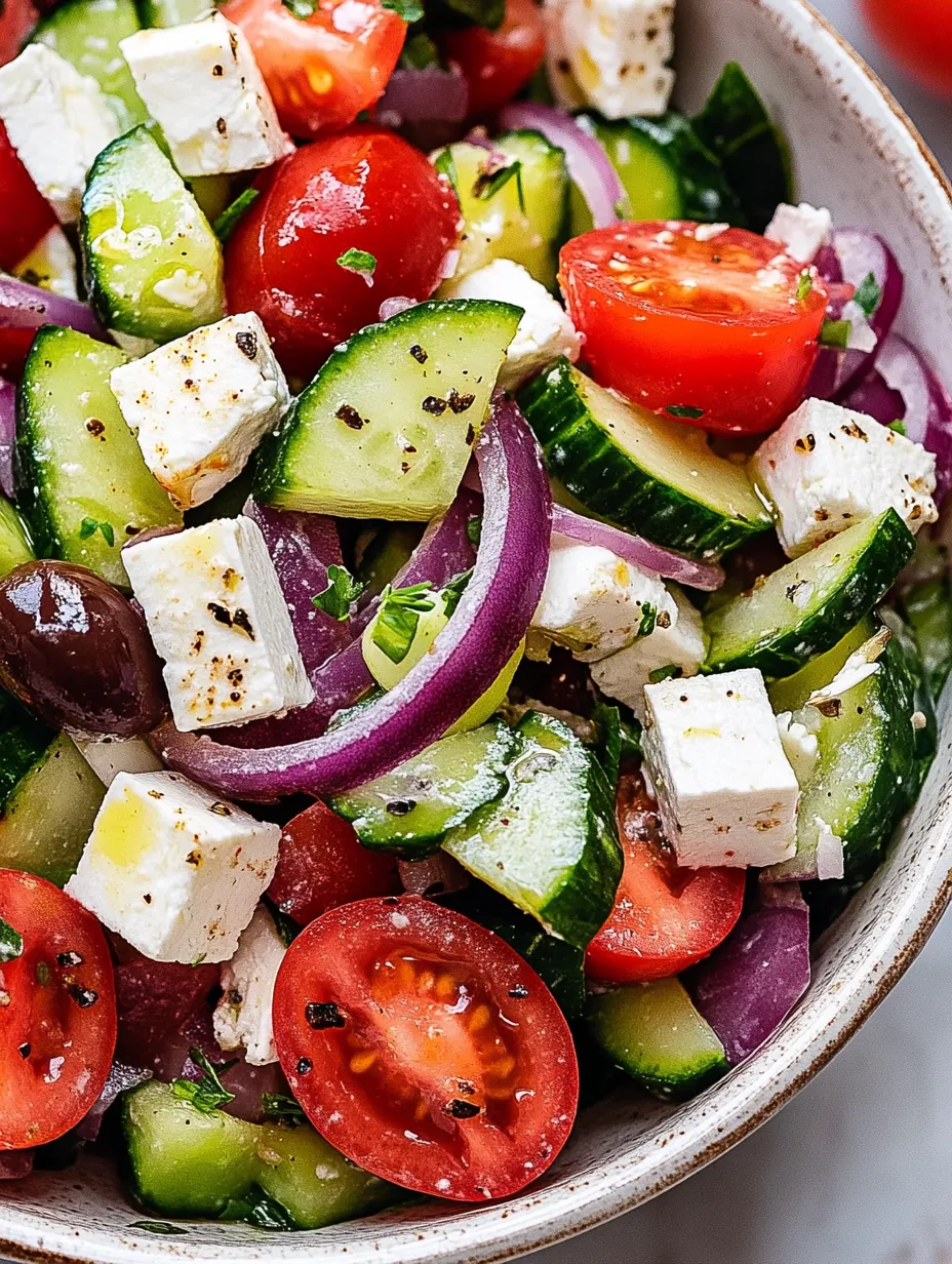 A bowl of vegetables including tomatoes, cucumbers, onions, and olives.