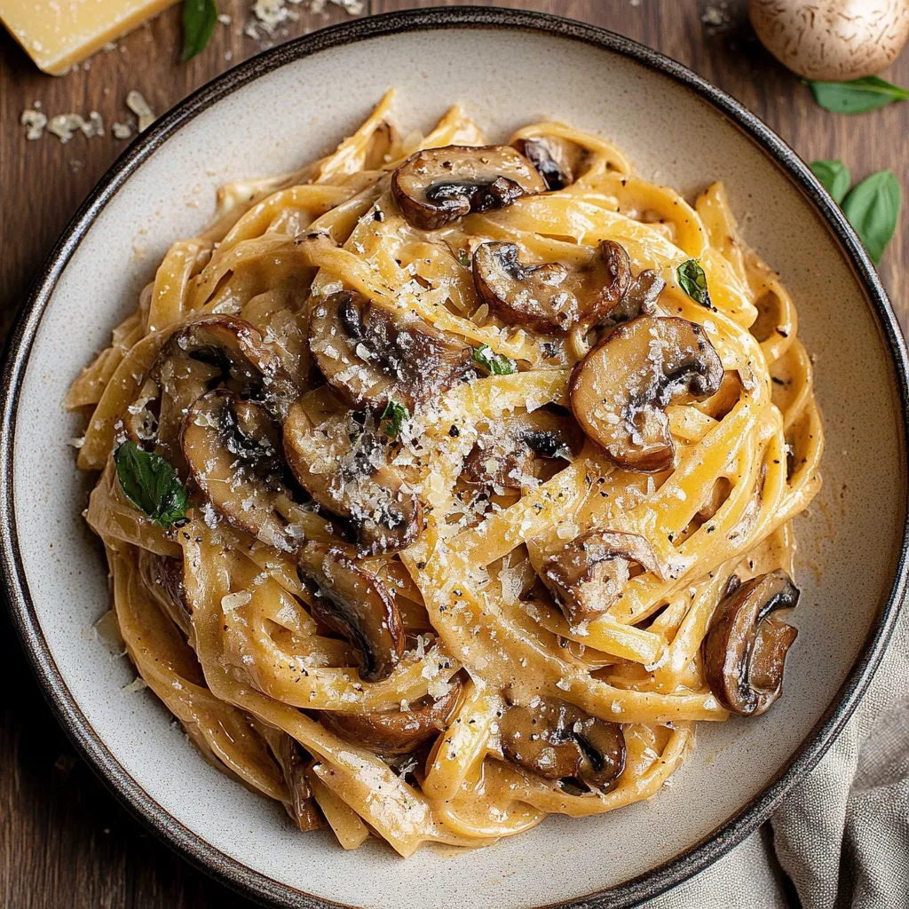 A bowl of pasta with mushrooms and cheese.