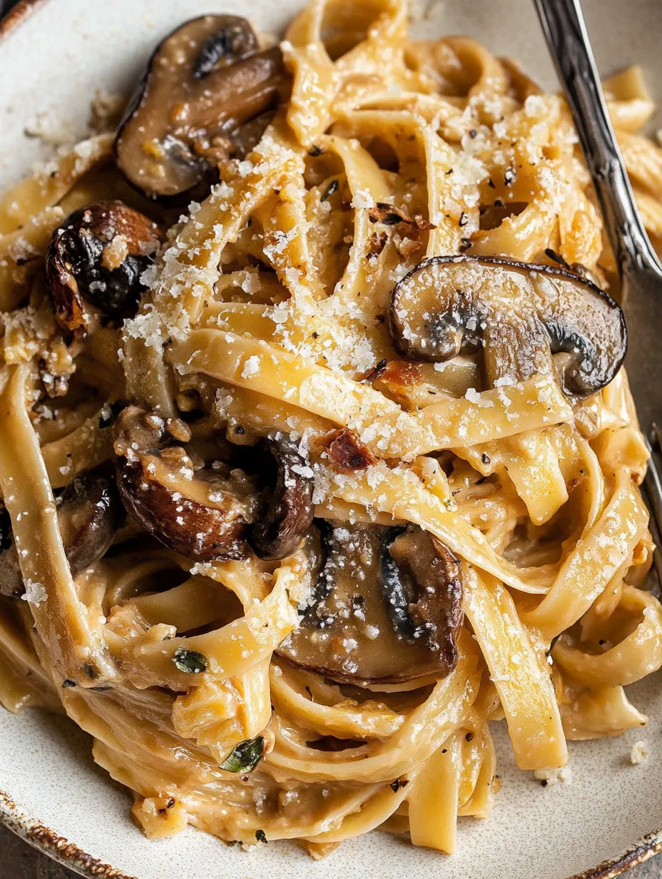 A plate of pasta with mushrooms and cheese.