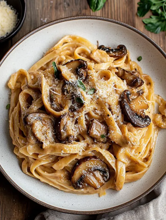 A plate of pasta with mushrooms and cheese.