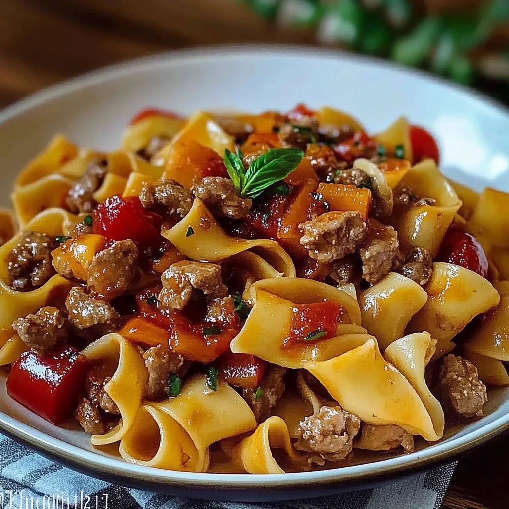 A plate of pasta with meat and tomatoes.