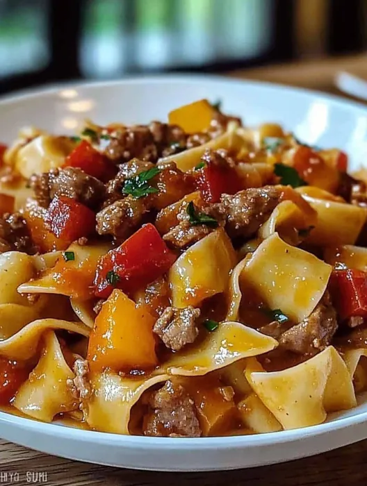 A bowl of pasta with meat and tomatoes.