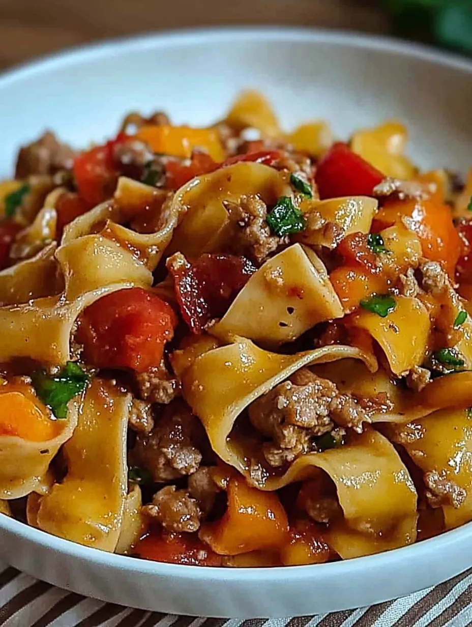 A bowl of pasta with meat and tomatoes.