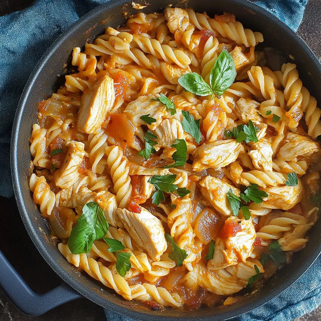 A bowl of pasta with chicken and tomatoes.