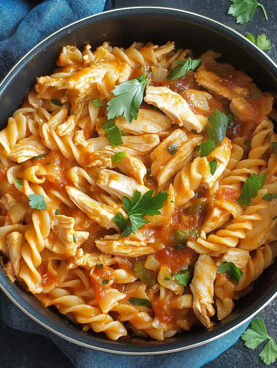 A bowl of pasta with chicken and tomato sauce.