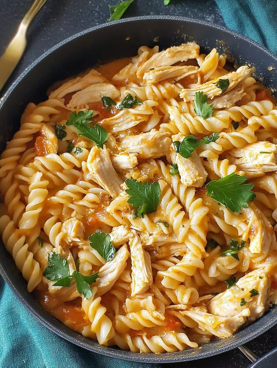 A bowl of pasta with chicken and tomatoes.