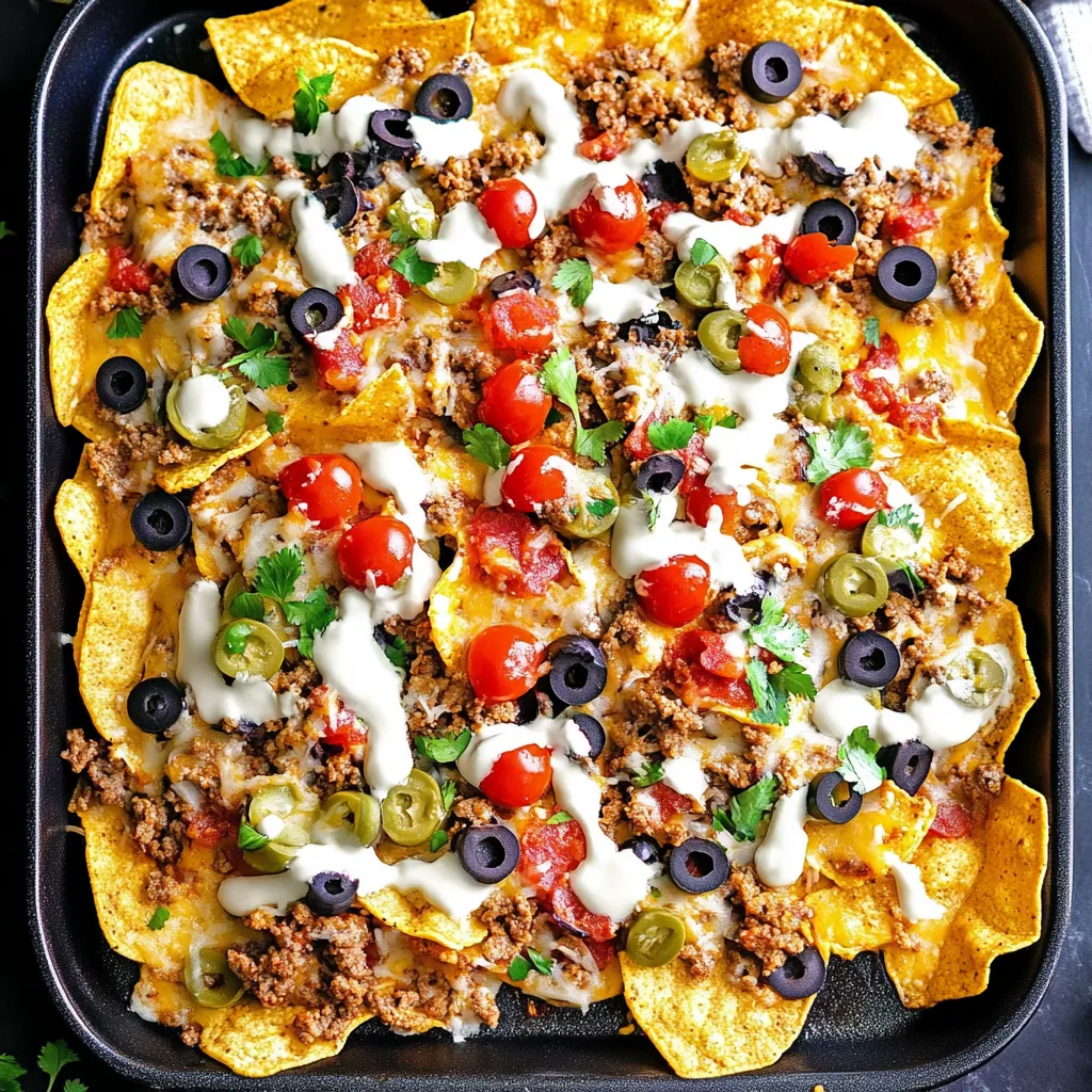 A pan of nachos with olives, tomatoes, and cheese.