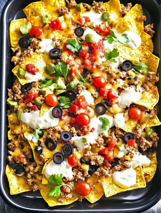 A pan of Mexican food with meat, tomatoes, and cheese.