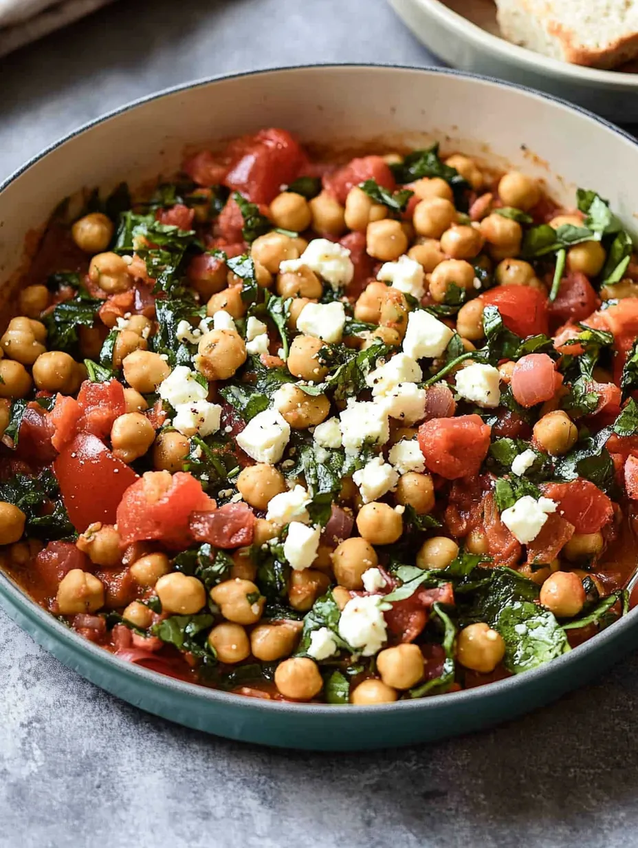 A bowl of food with tomatoes, chickpeas, and feta cheese.