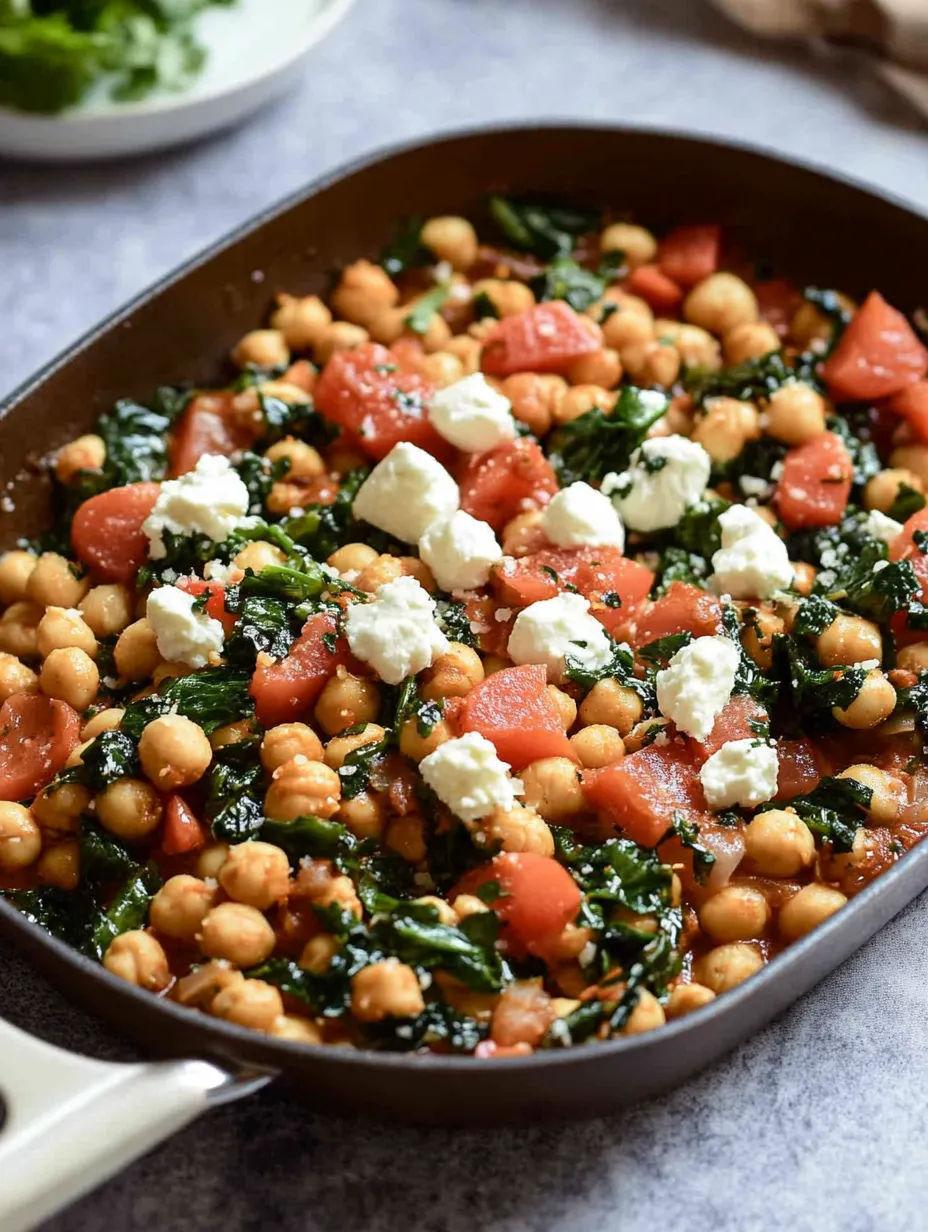 A dish of vegetables with tomatoes, spinach, and chickpeas.