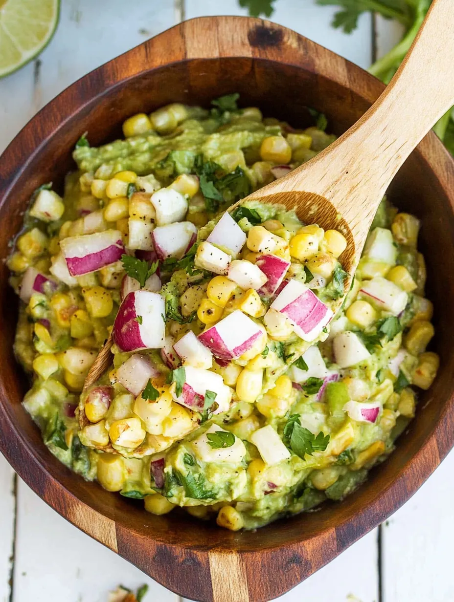 A wooden bowl filled with a green and white mixture.