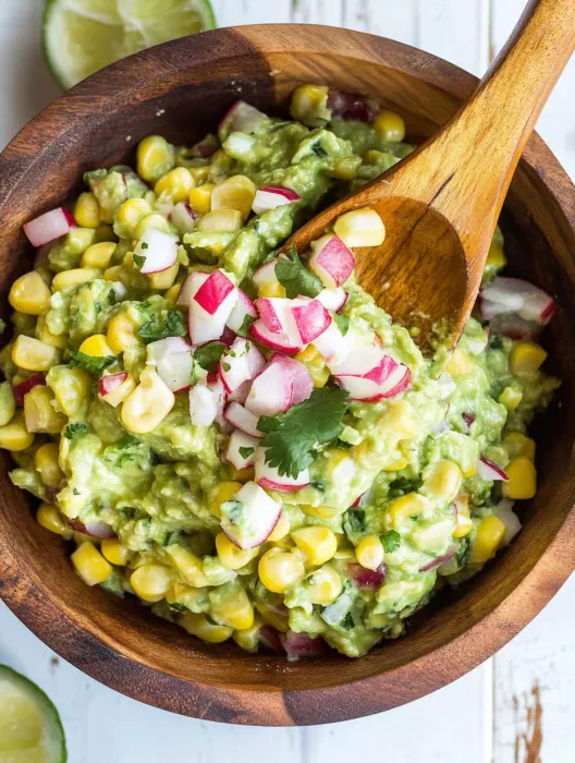 A wooden bowl filled with a mixture of corn, tomatoes, and avocado.