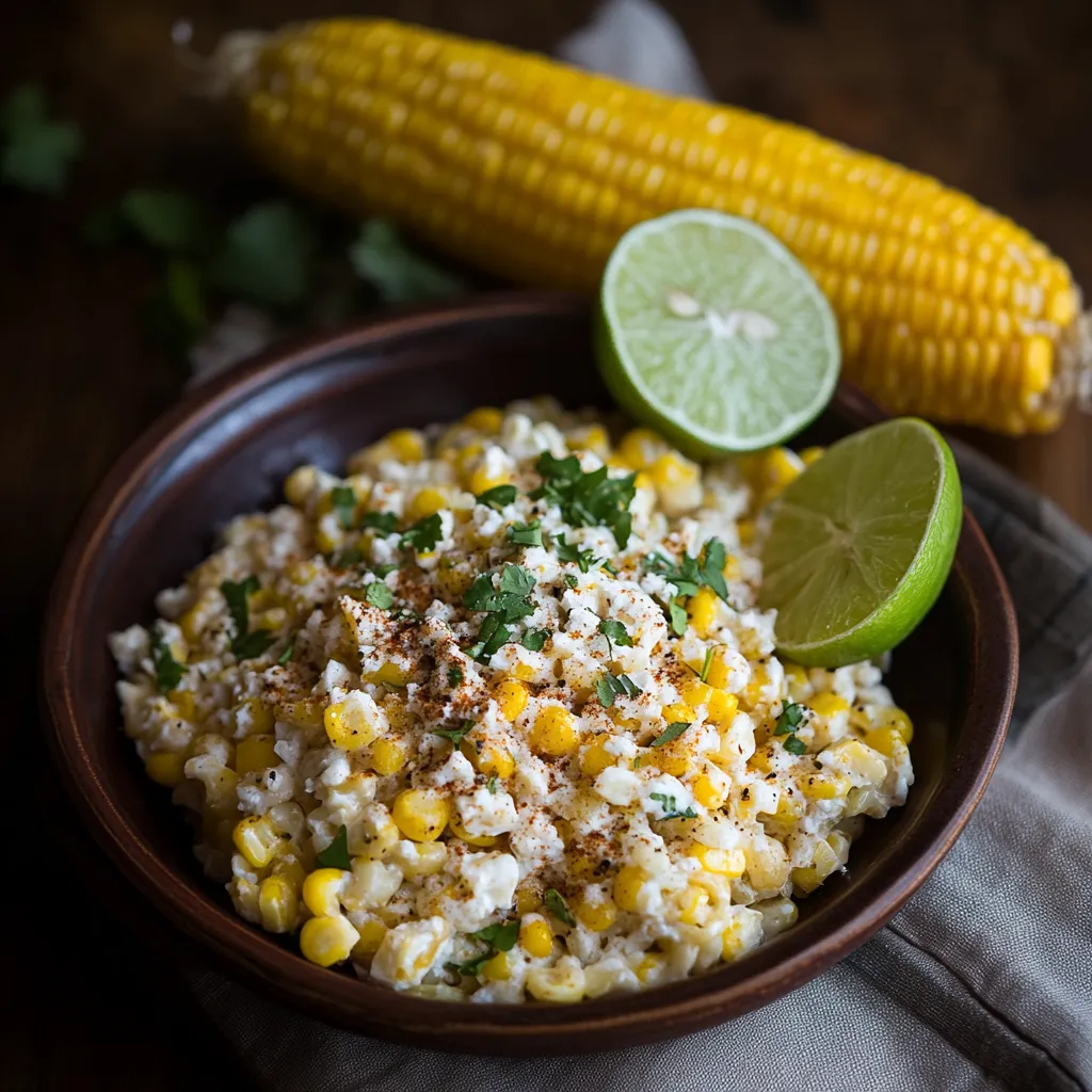A bowl of corn with lime wedges and cilantro.
